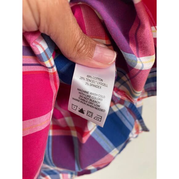 Foxcroft shaped pink plaid button up shirt collared 3/4 sleeves stretch 20w - Picture 8 of 8